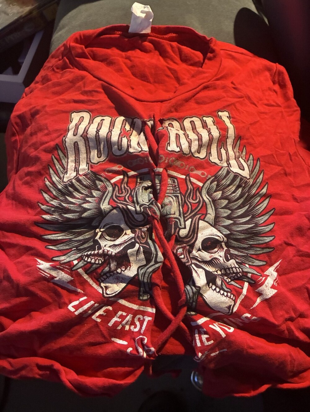 Women Red Rock & Roll Graphic Tee - Skull Wings Design